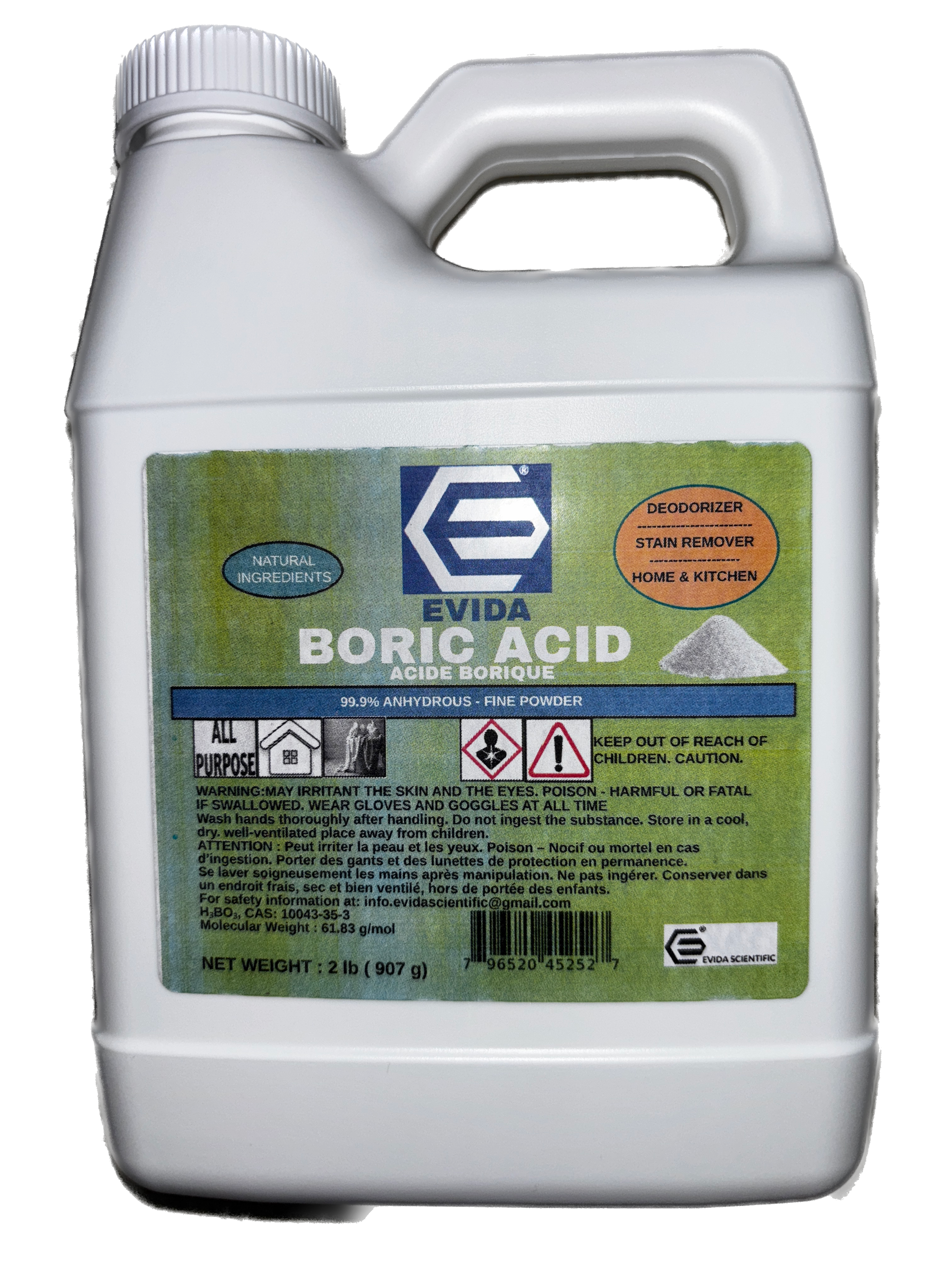 EVIDA Boric Acid (2 lb) | 99.9% Pure Technical Grade |Anhydrous Fine Powder| Packed in Canada| Used to Make All Purpose Cleaner| DIY Cosmetic and Personal Products| PH Buffer and Odor Control|
