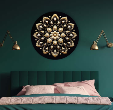 Schwarz-goldenes Gemälde – Florales Mandala