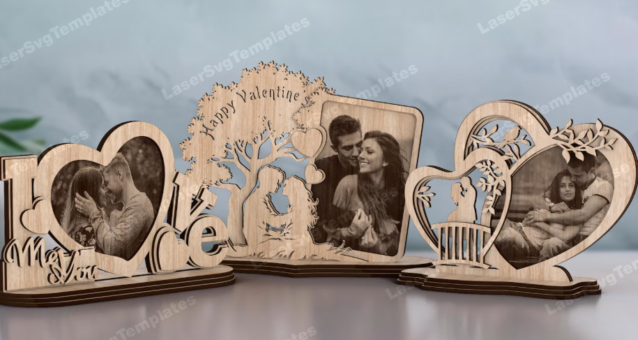 PERSONALISIERTE HOLZ‑FOTORAHMEN HERZEN 3 STUCKE