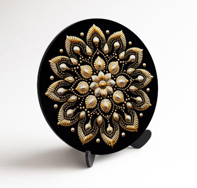 Schwarz-goldenes Gemälde – Florales Mandala