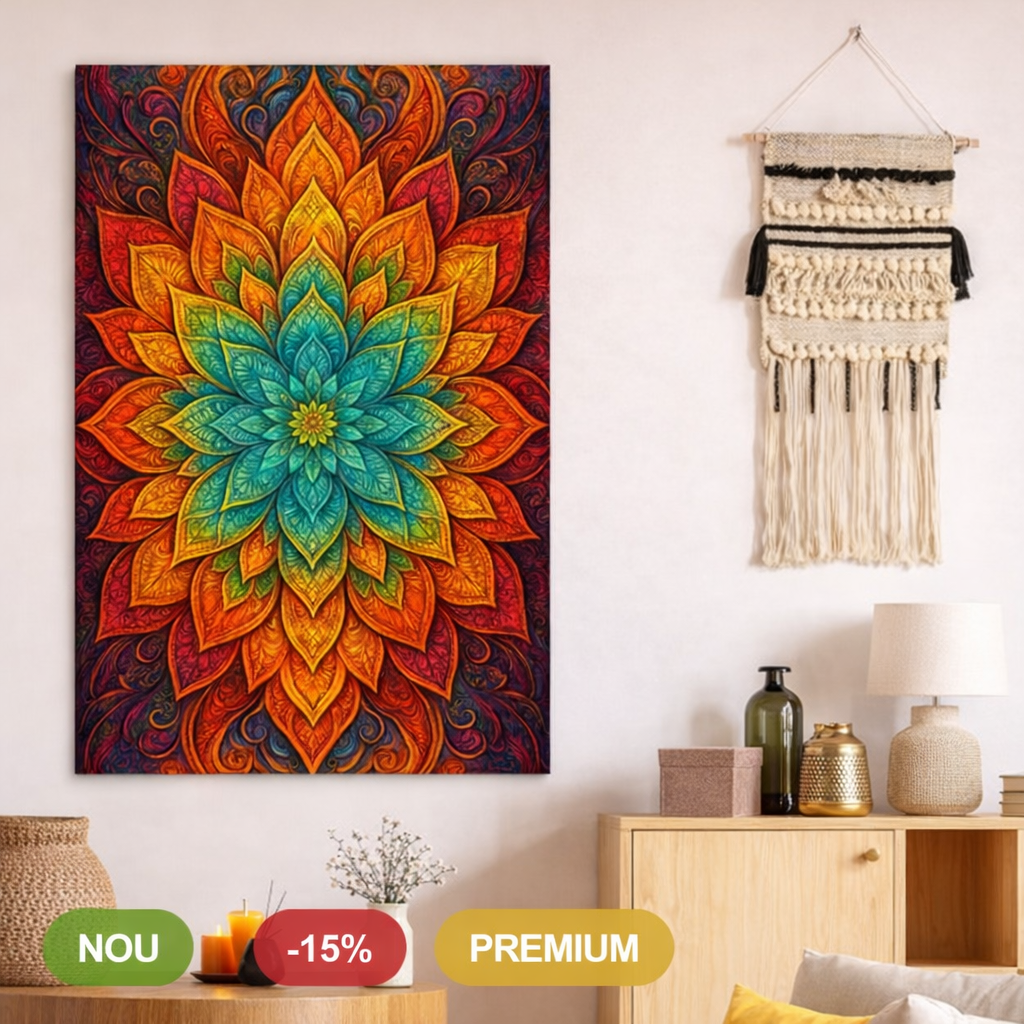 Holzmandala in Feuertönen für die Wand