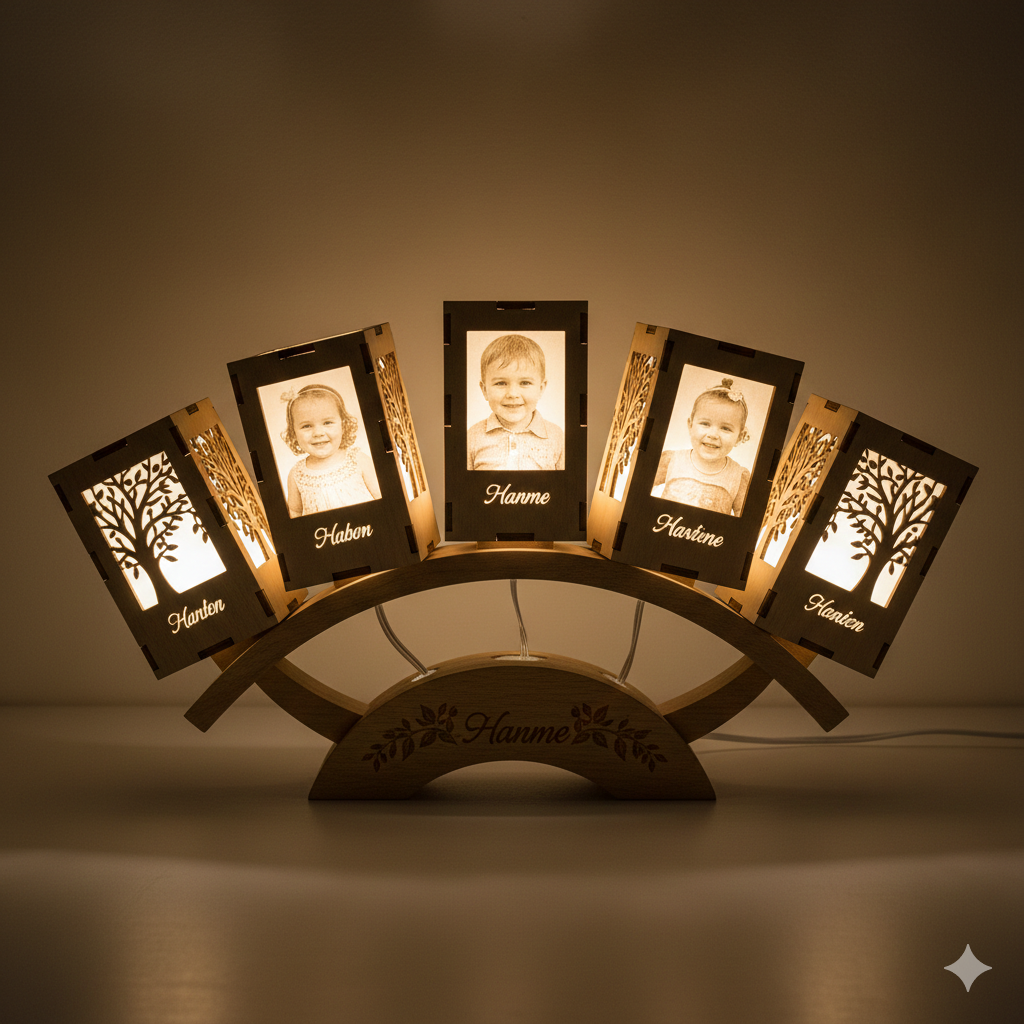 Personalisierte Holz-Lampe mit Familienmotiven