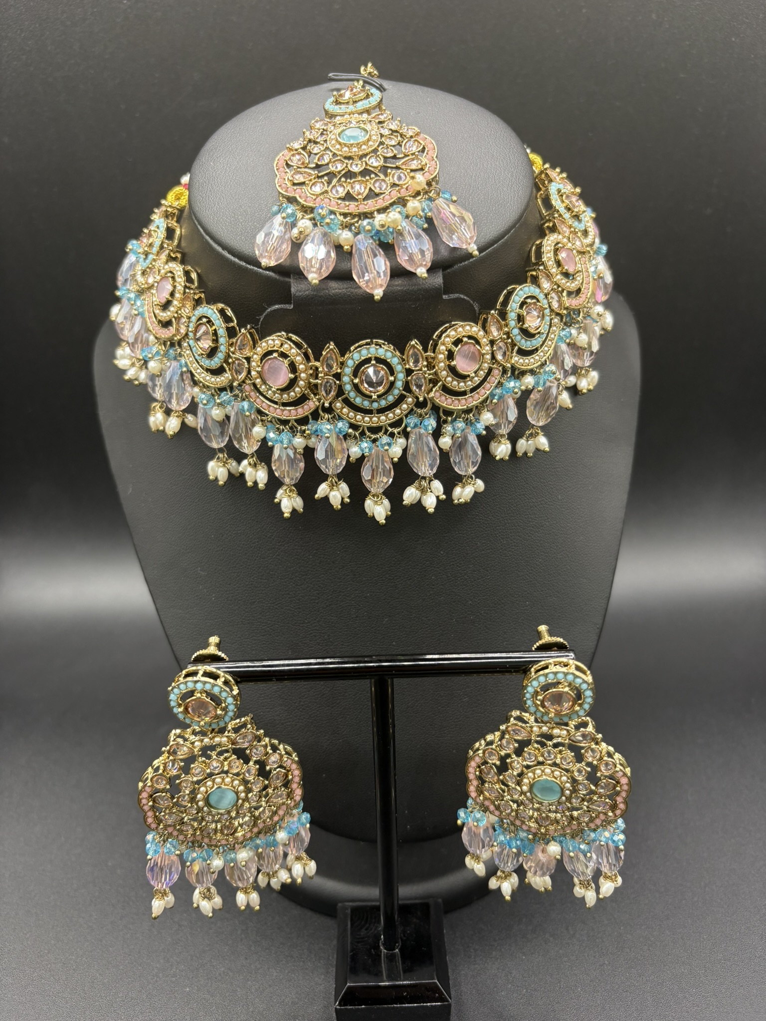 Embellished Necklace Set with blush pink and turquoise stones and pearl drops