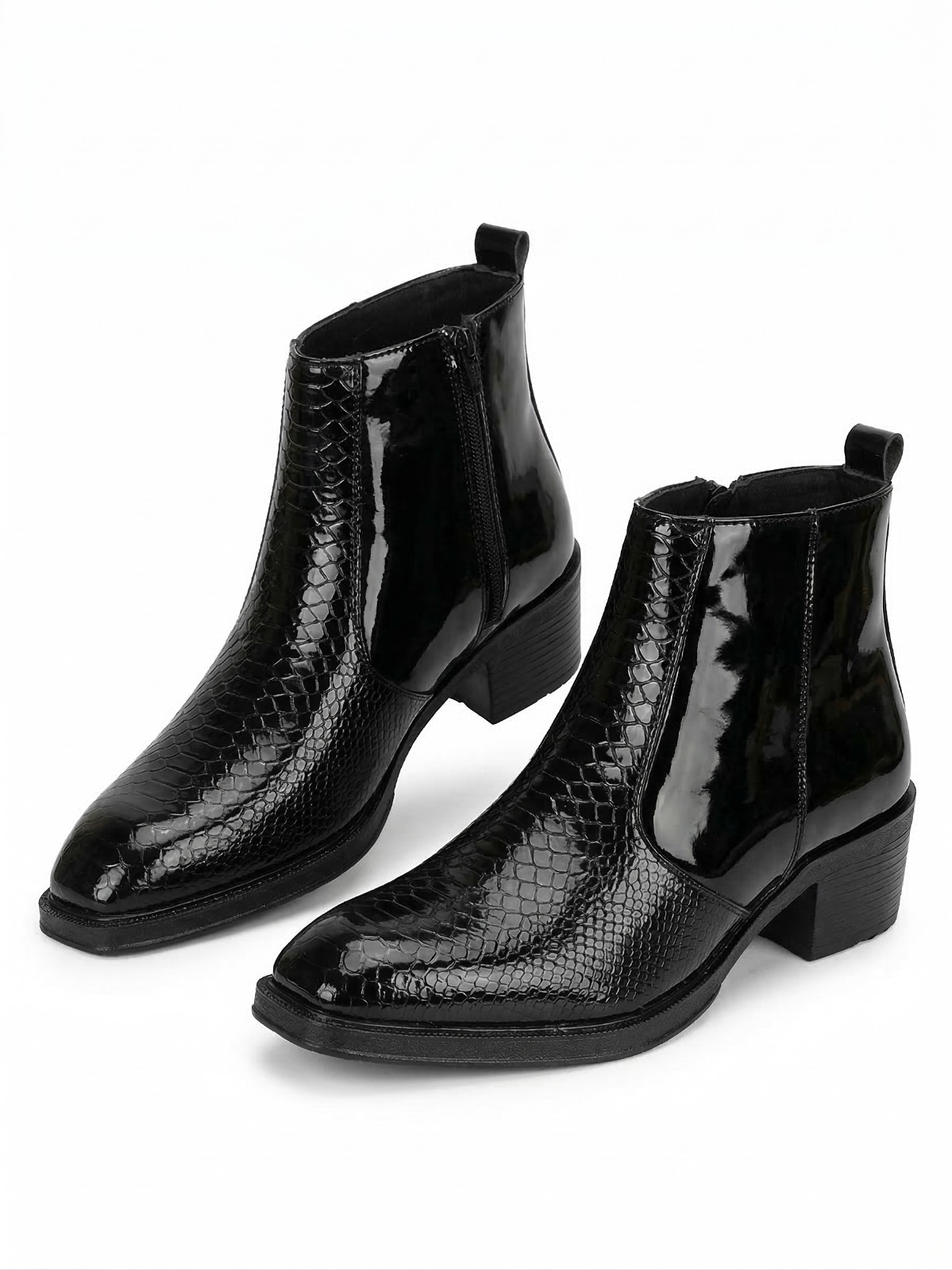 Black Patent Croc-Textured Chelsea Ankle Boots