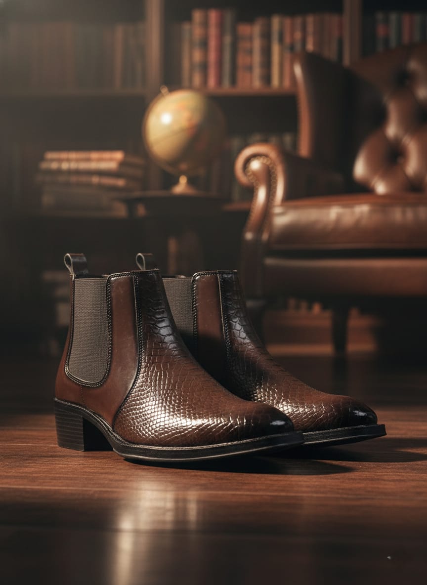 Premium Chelsea Boots for Men, Brown Croc Embossed