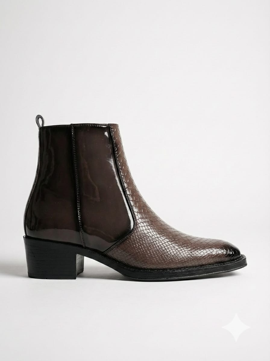 Comforts Men's Brown Patent Croco Embossed Chelsea Ankle Boots