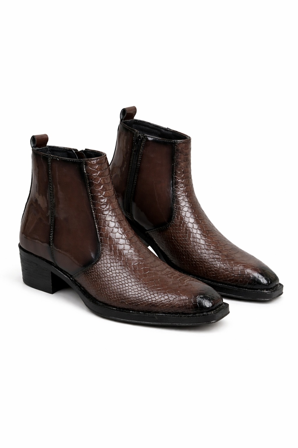 Comforts Men's Brown Patent Croco Embossed Chelsea Ankle Boots
