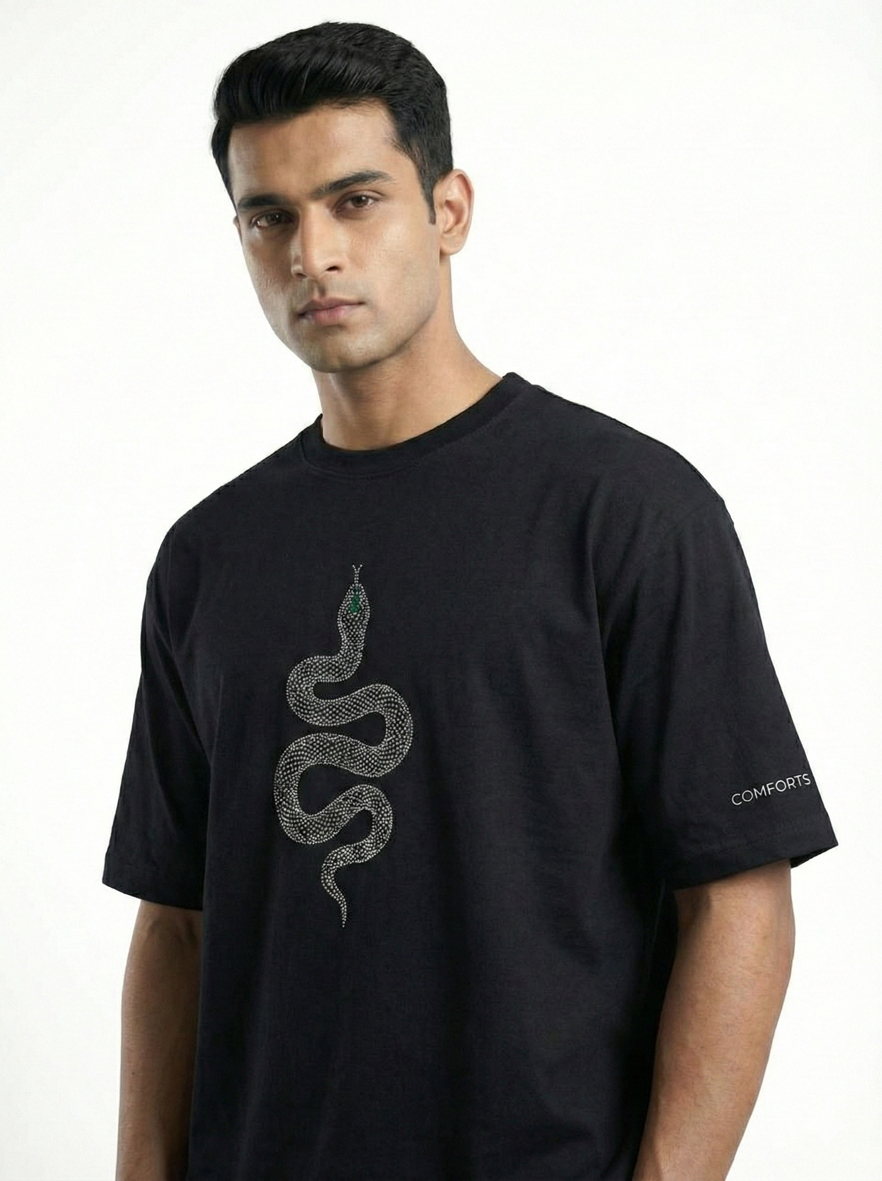 Men’s Black Oversized T-Shirt with Minimal Snake Design