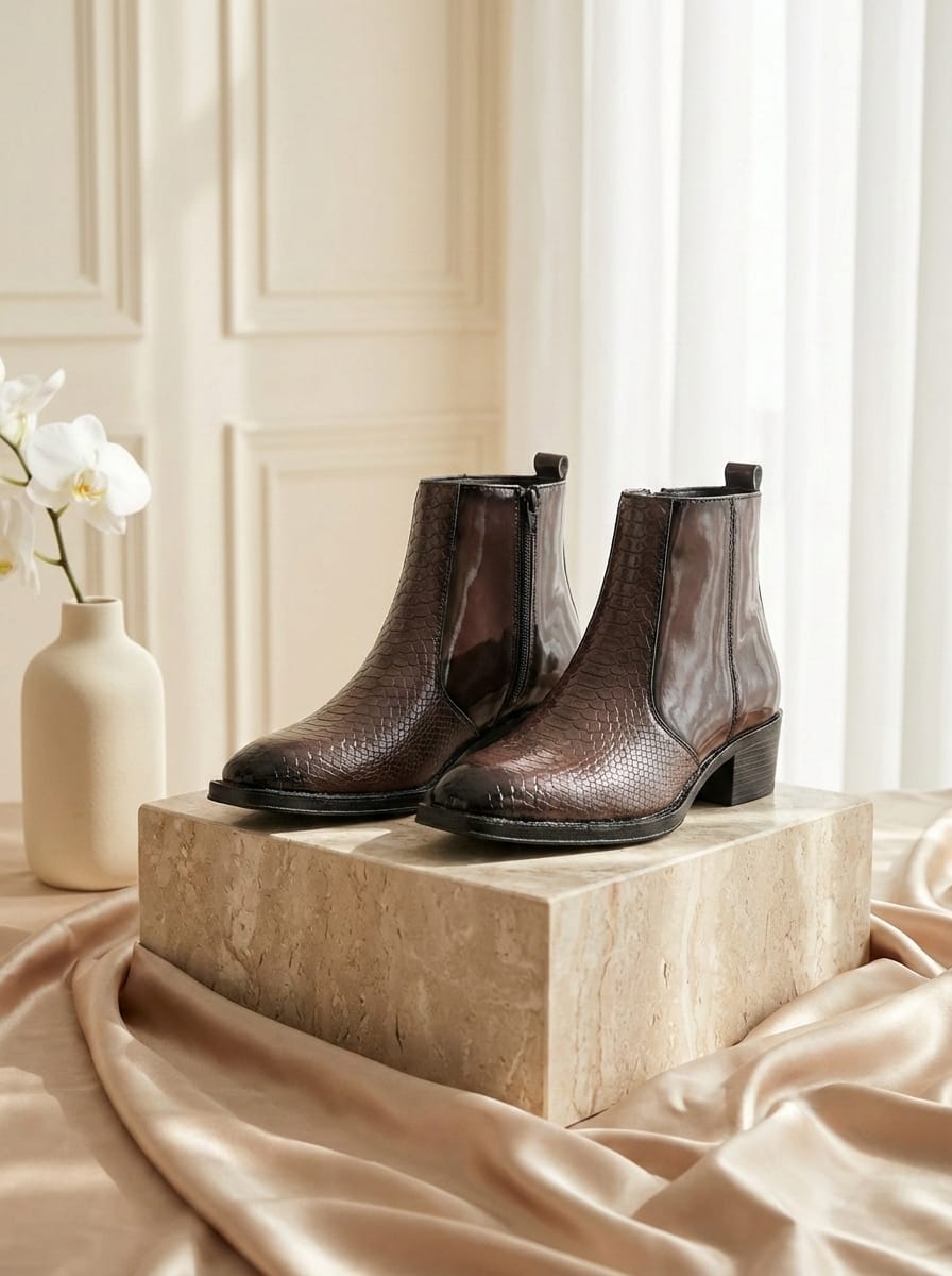 Comforts Men's Brown Patent Croco Embossed Chelsea Ankle Boots