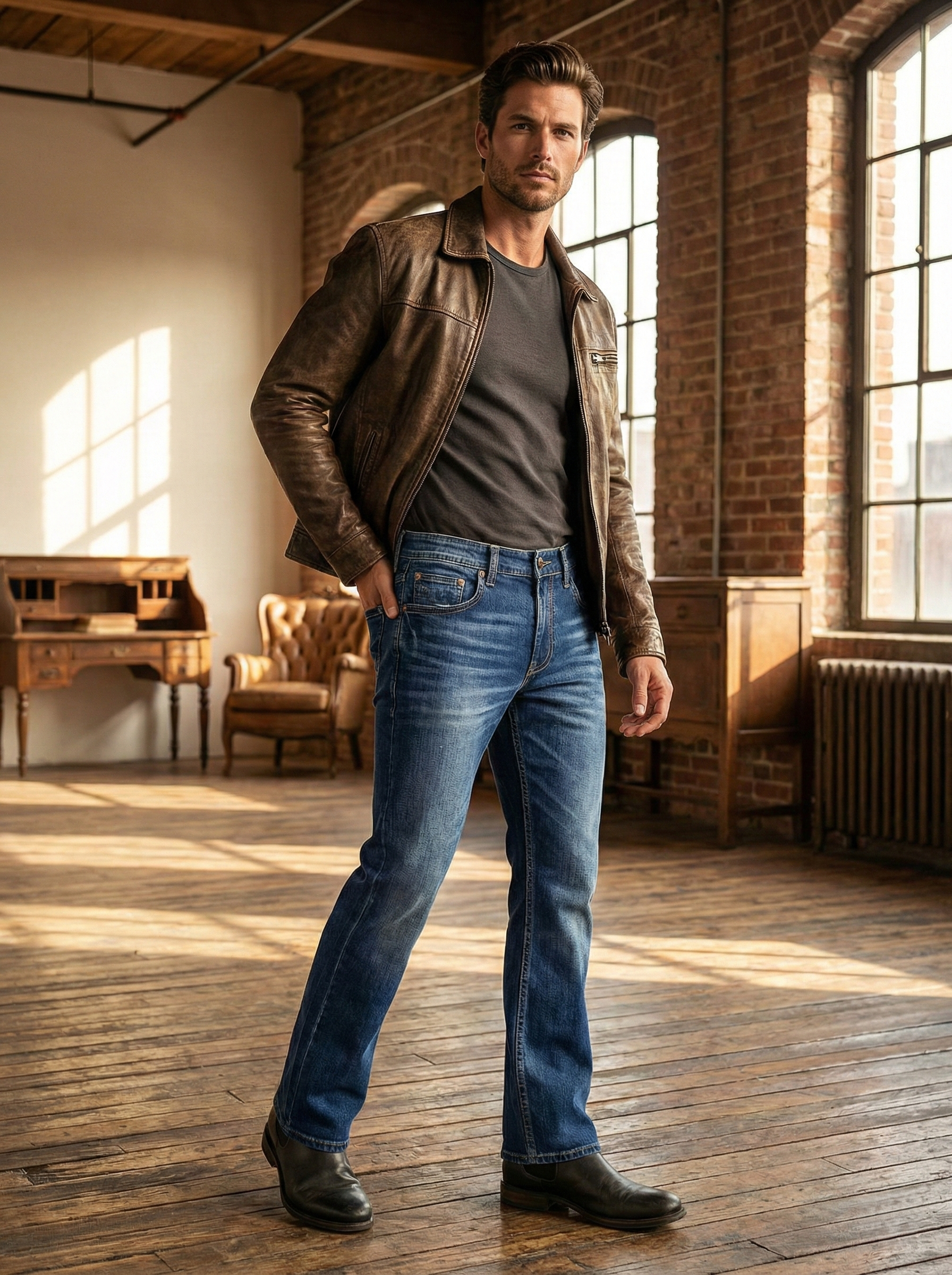 Men's Boot Cut Jeans, Stylish Blue Denim