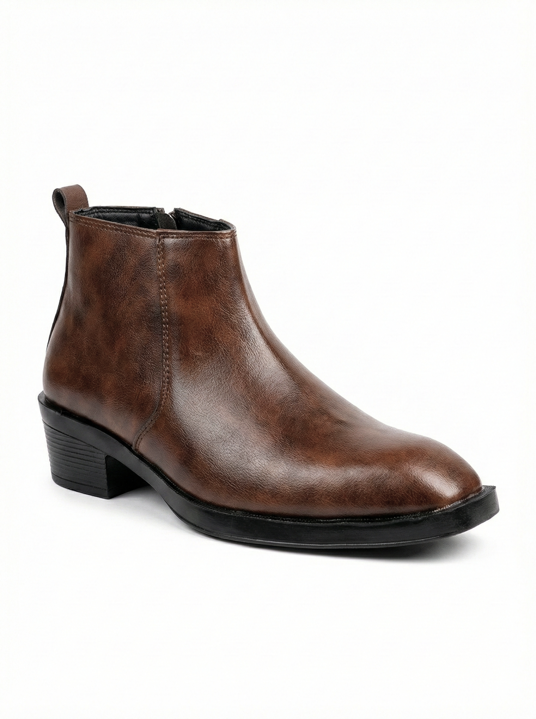 Men’s Brown Ankle Boots High Heels | Side Zip Formal Leather Look Boots