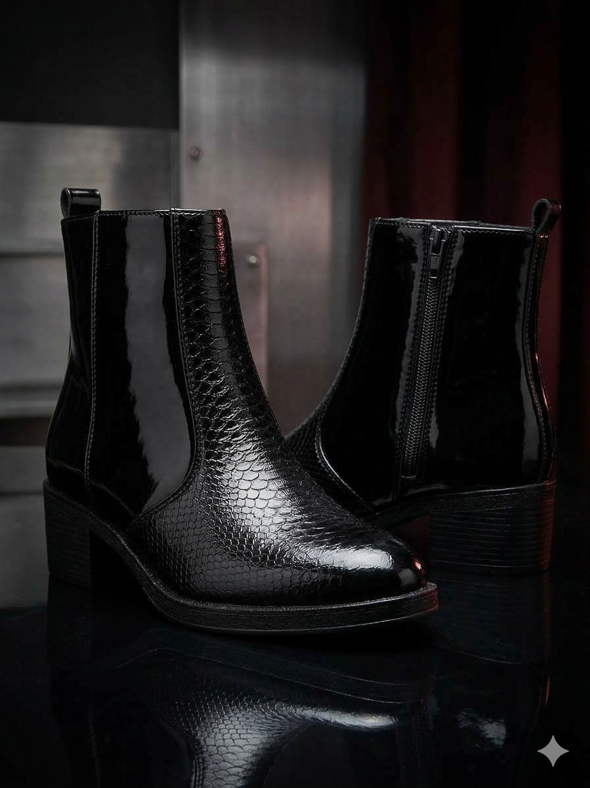Black Patent Croc-Textured Chelsea Ankle Boots