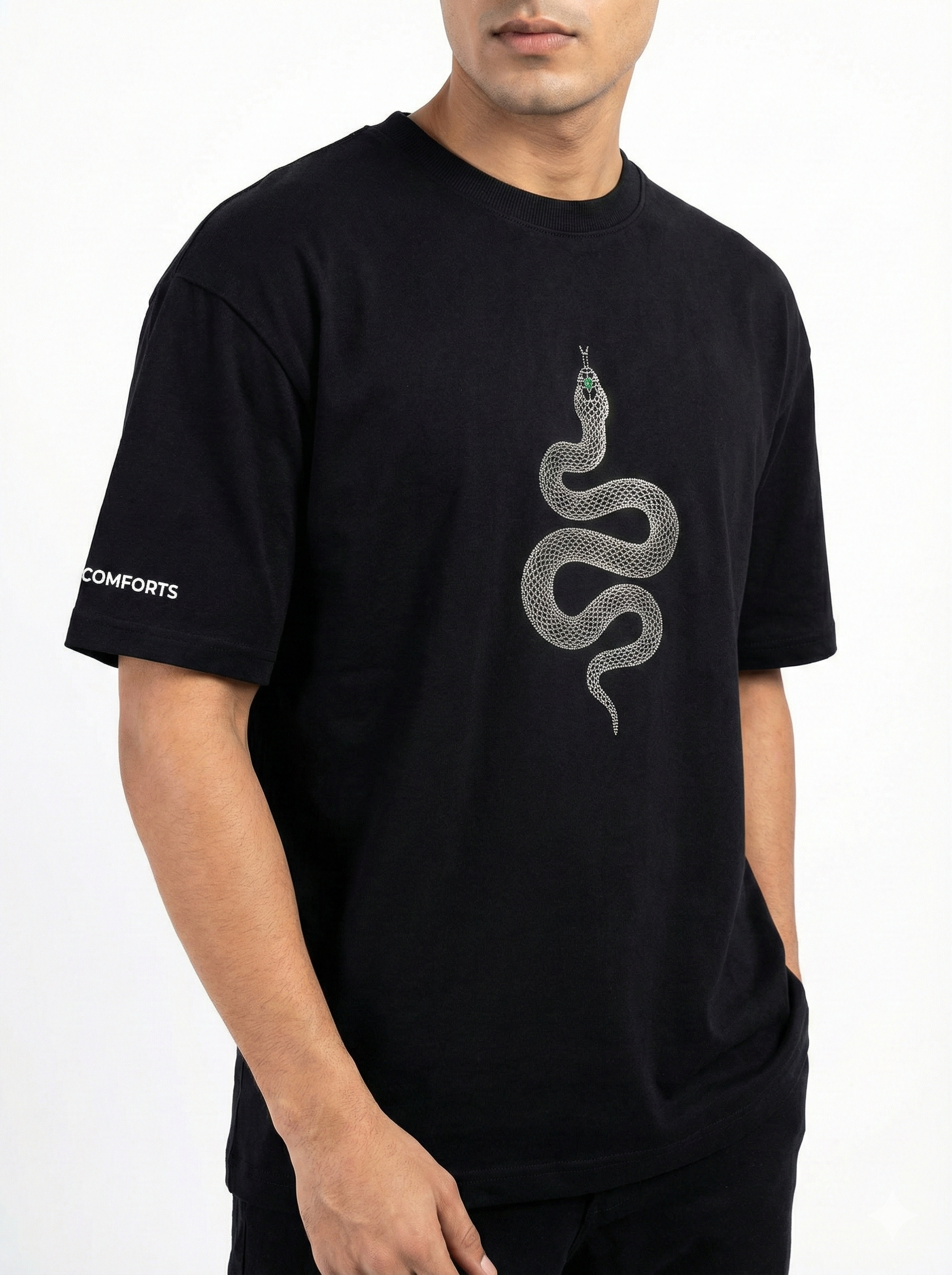 Men’s Black Oversized T-Shirt with Minimal Snake Design