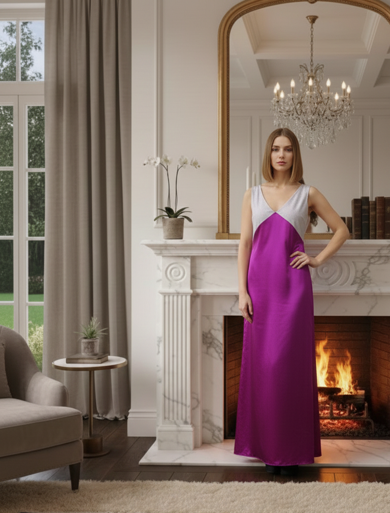 Vestido largo de satén violeta