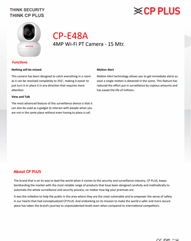 CP PLUS ezyKam+ WiFi PT Camera - 360° View, Smart Tracking, 2-Way Audio | Works with Alexa & Google Home (Models: CP-E28A, CP-E38A, CP-E48A)