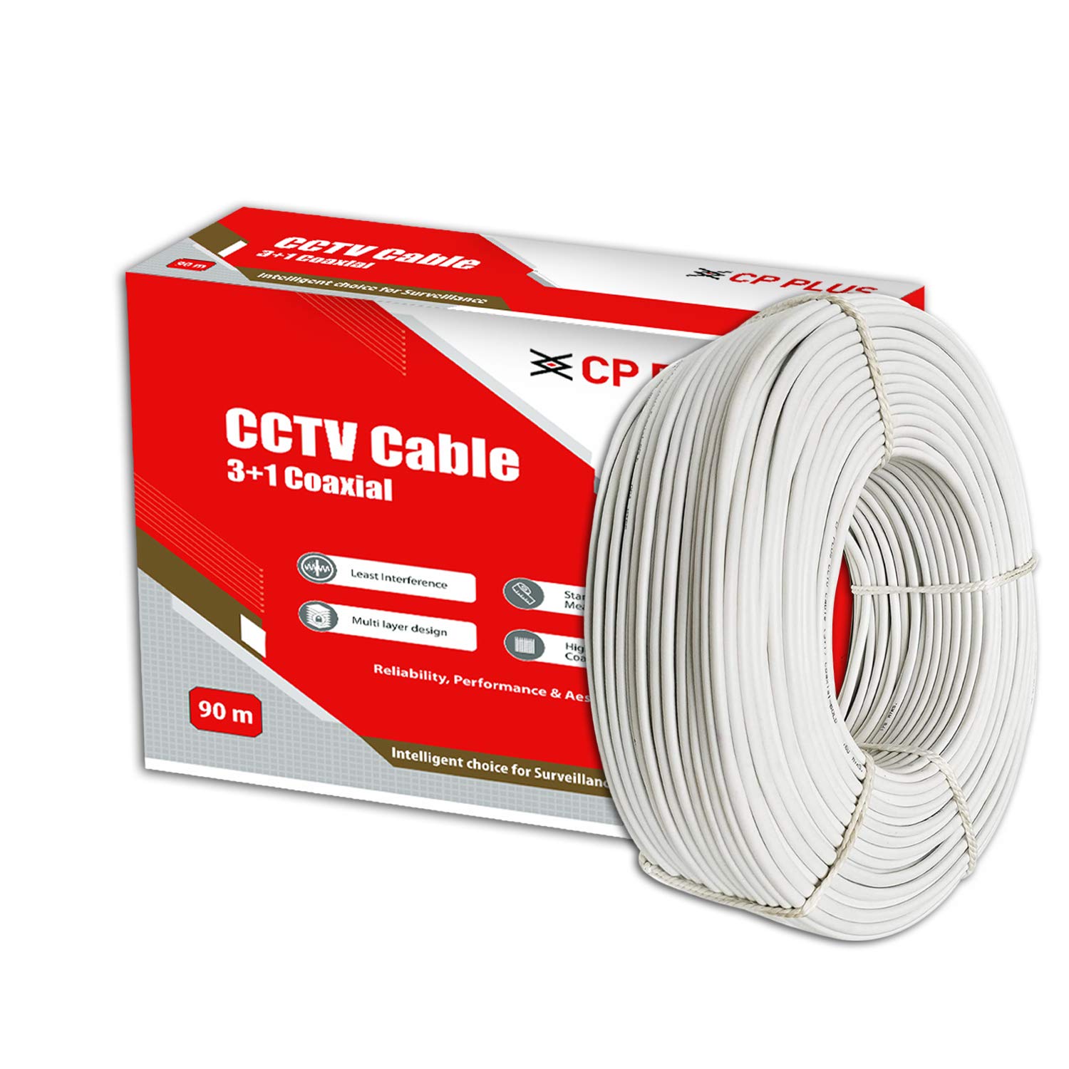 CP PLUS 3+1 Coaxial CCTV Camera Cable - 90 Meter Roll (White) 