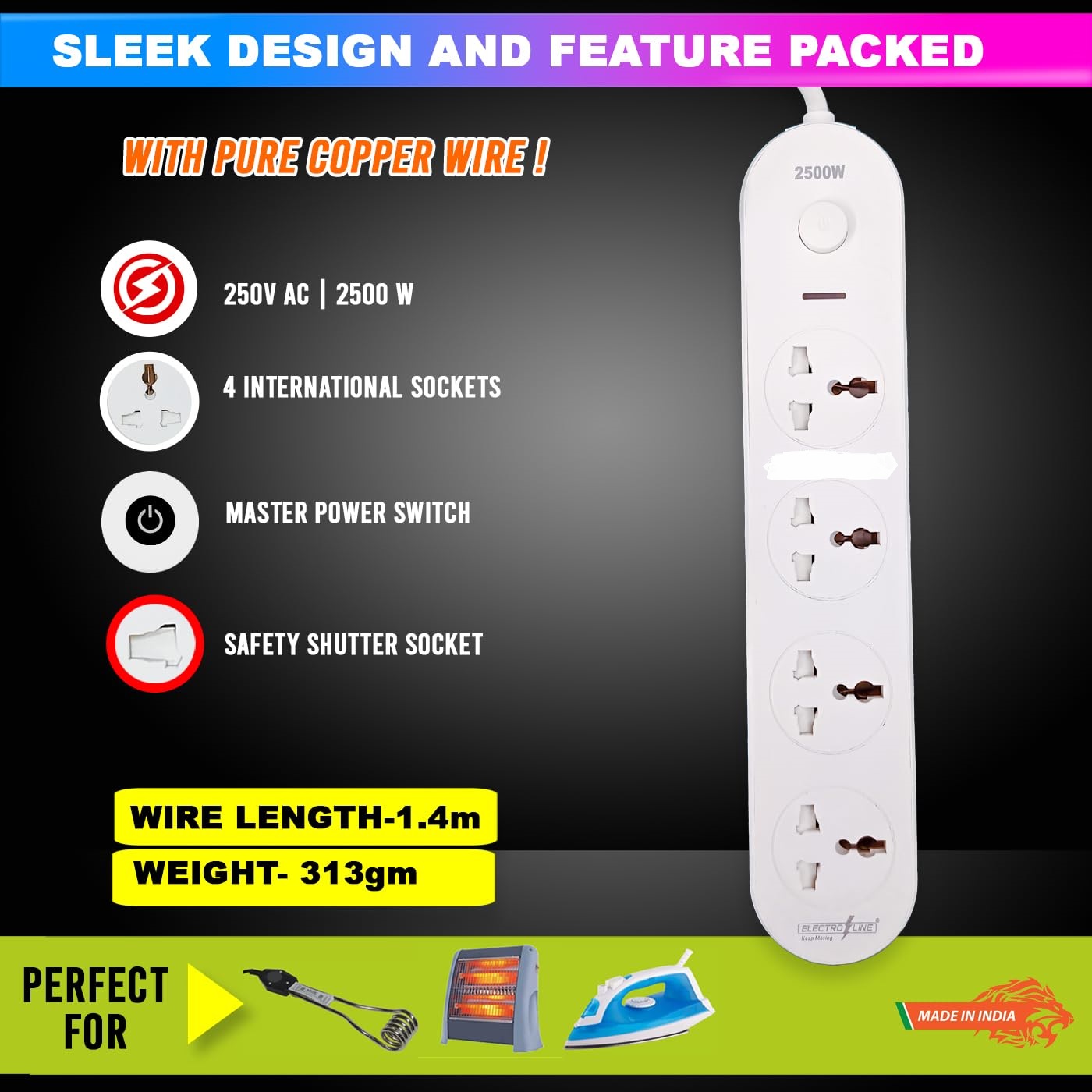 Electro Line PS-2 Heavy Duty Power Strip - 4 Way International Sockets with Master Switch, 1.4m Pure Copper Wire (2500W)