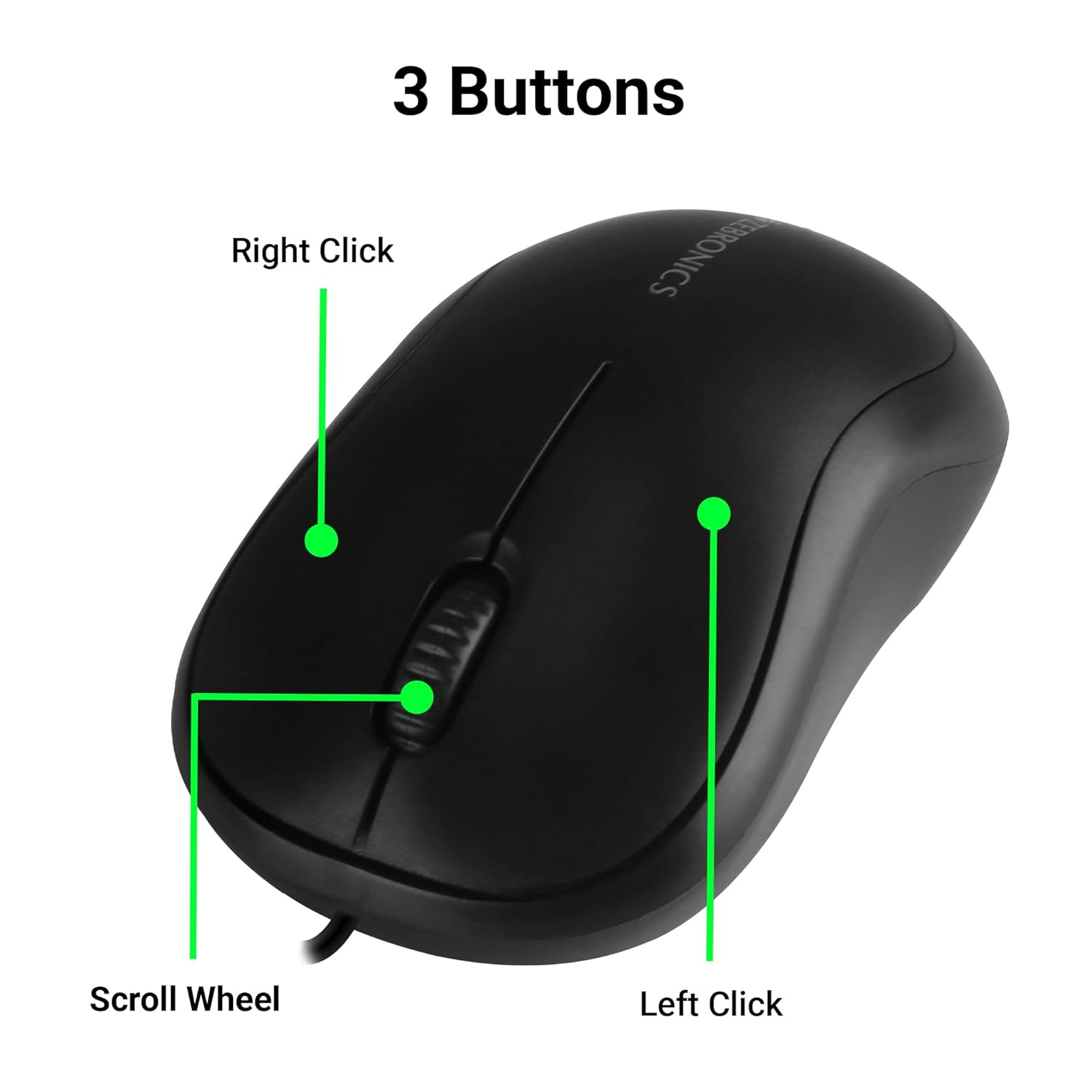 Zebronics Zeb-Comfort Wired USB Mouse, 1000 DPI Optical Sensor, 3-Buttons, Plug & Play (Black)