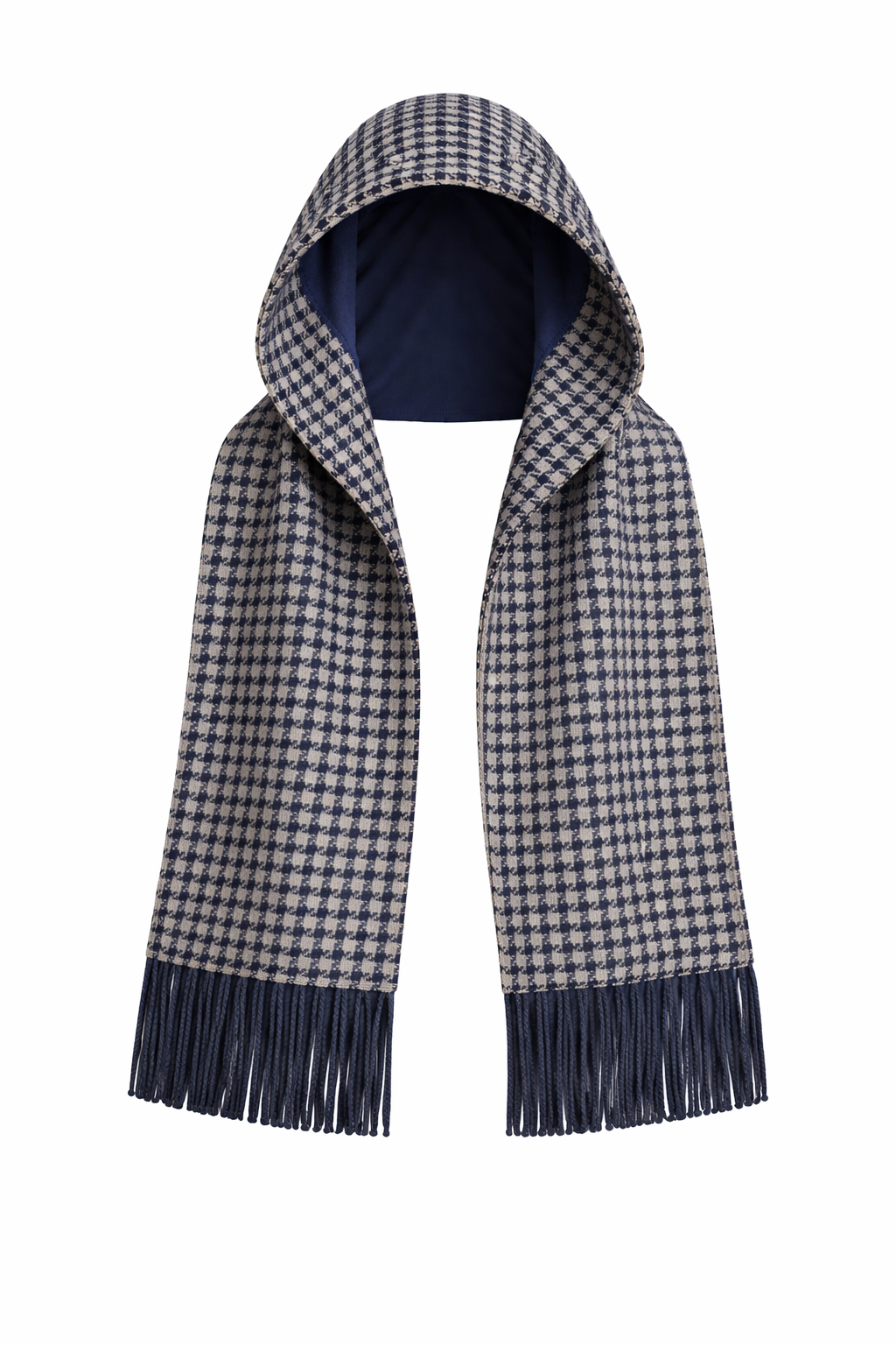 Waist Length Wool Hooded Scarf in Navy Blue Pepita