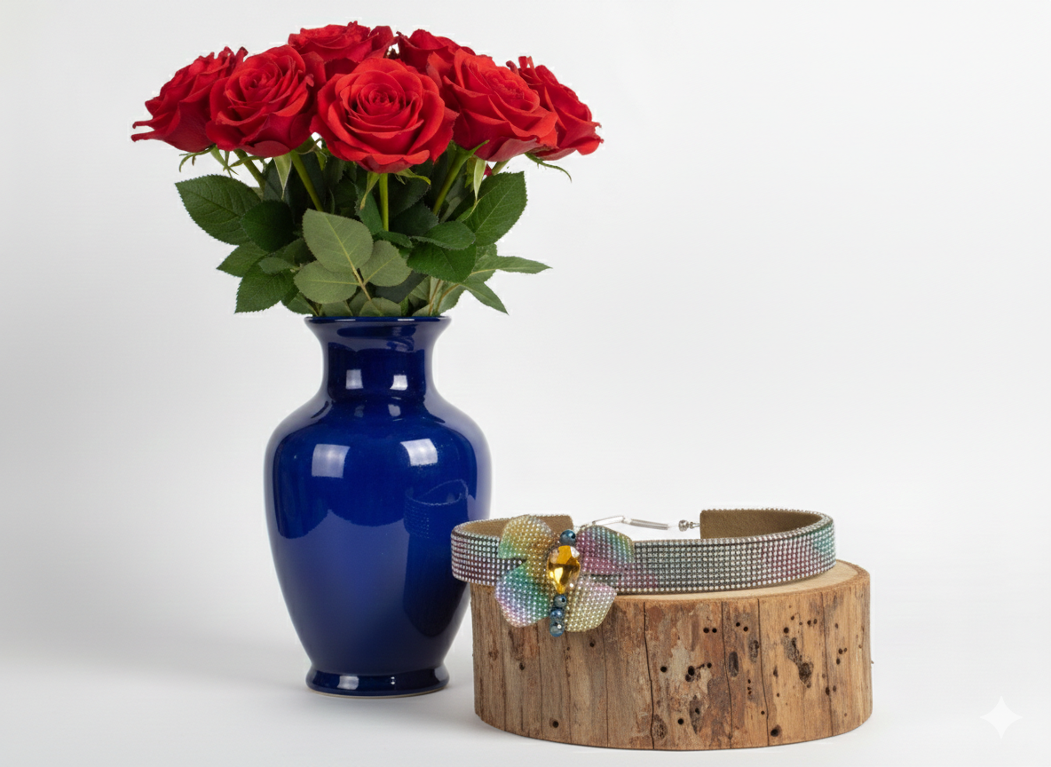 Jarrón azul con rosas rojas