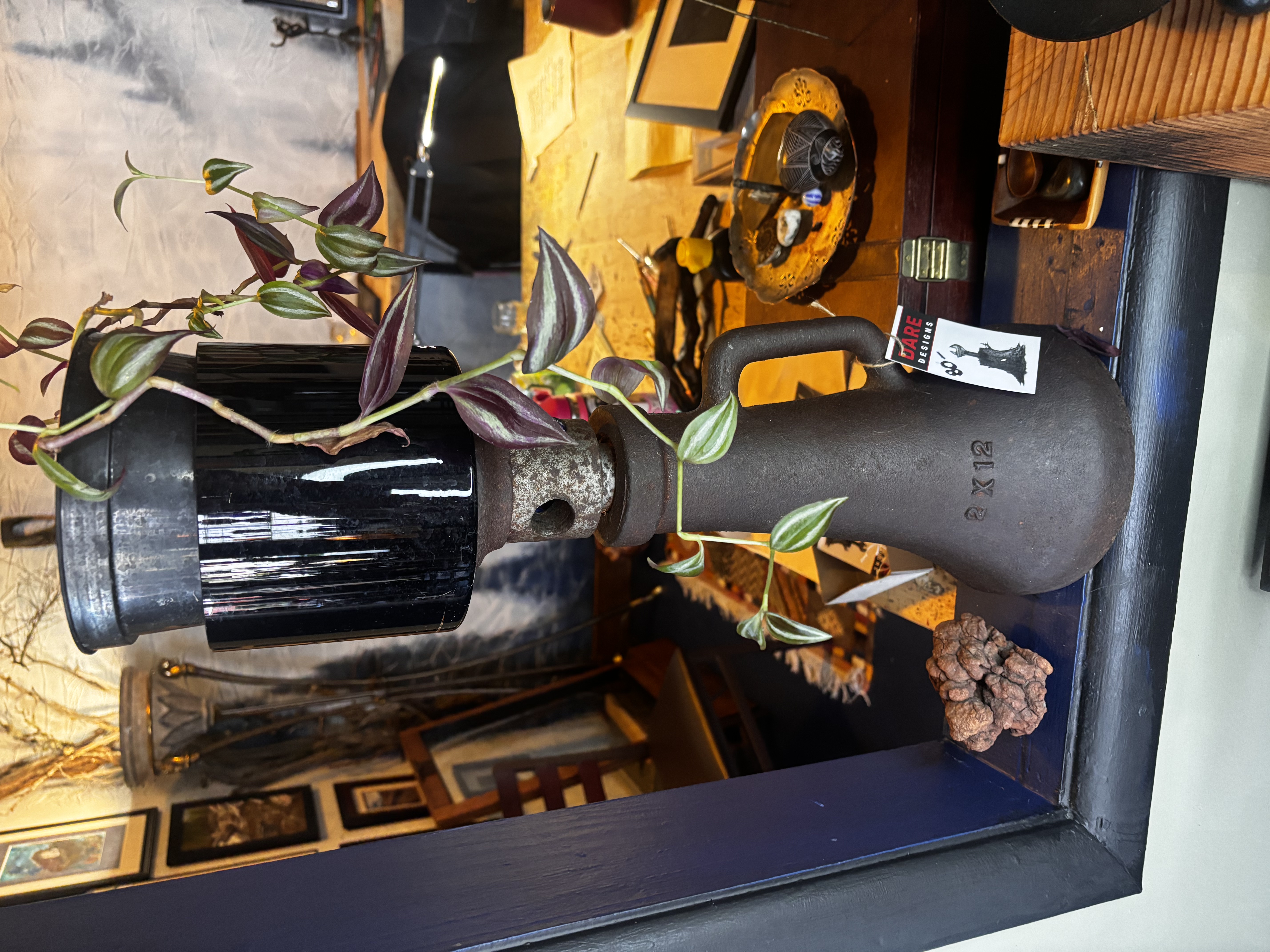 Rustic Metal Vase with Black Glass Top