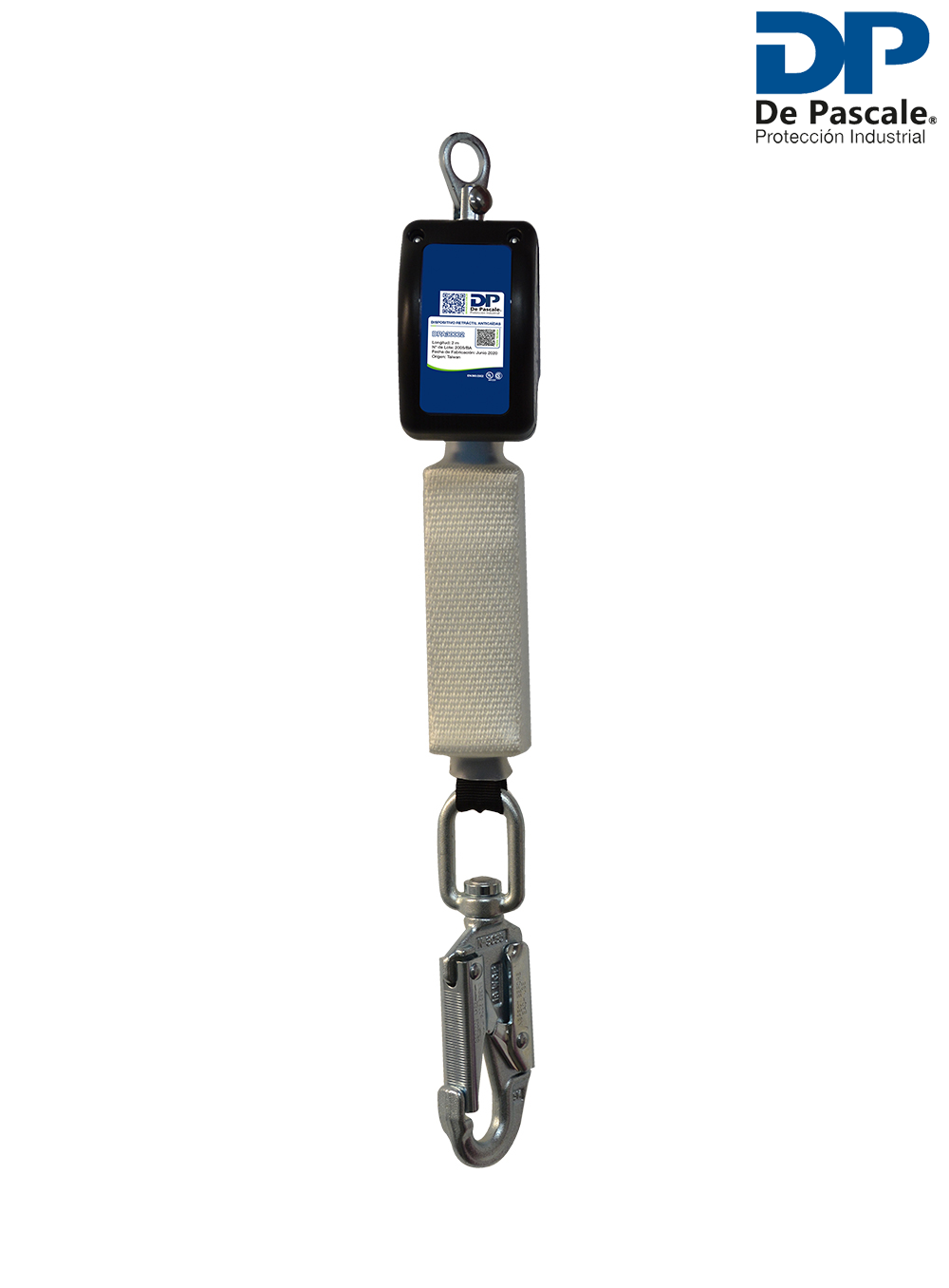 EQUIPO RETRÁCTIL TERMOPLÁSTICO CON CINTA UHMWPE CON ABSORBEDOR DE ENERGÍA Y MOSQUETON DE PASCALE