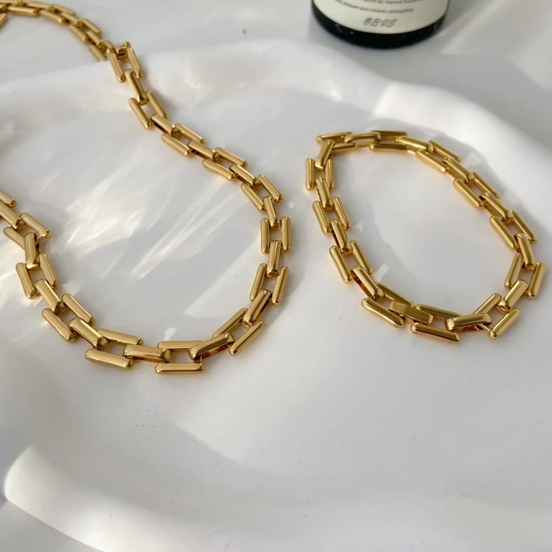 Gold Link Necklace & Bracelet Set stainless