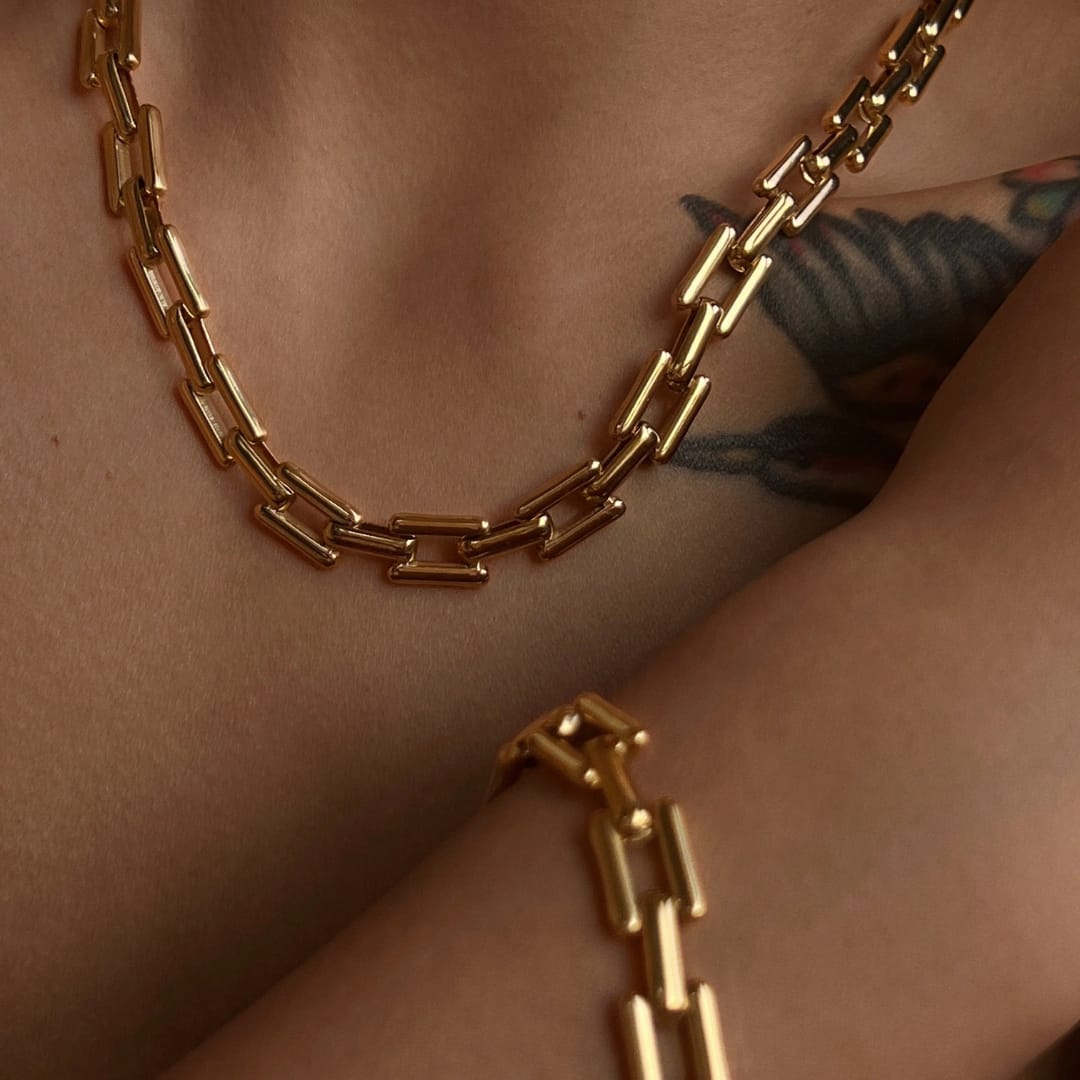 Gold Link Necklace & Bracelet Set stainless