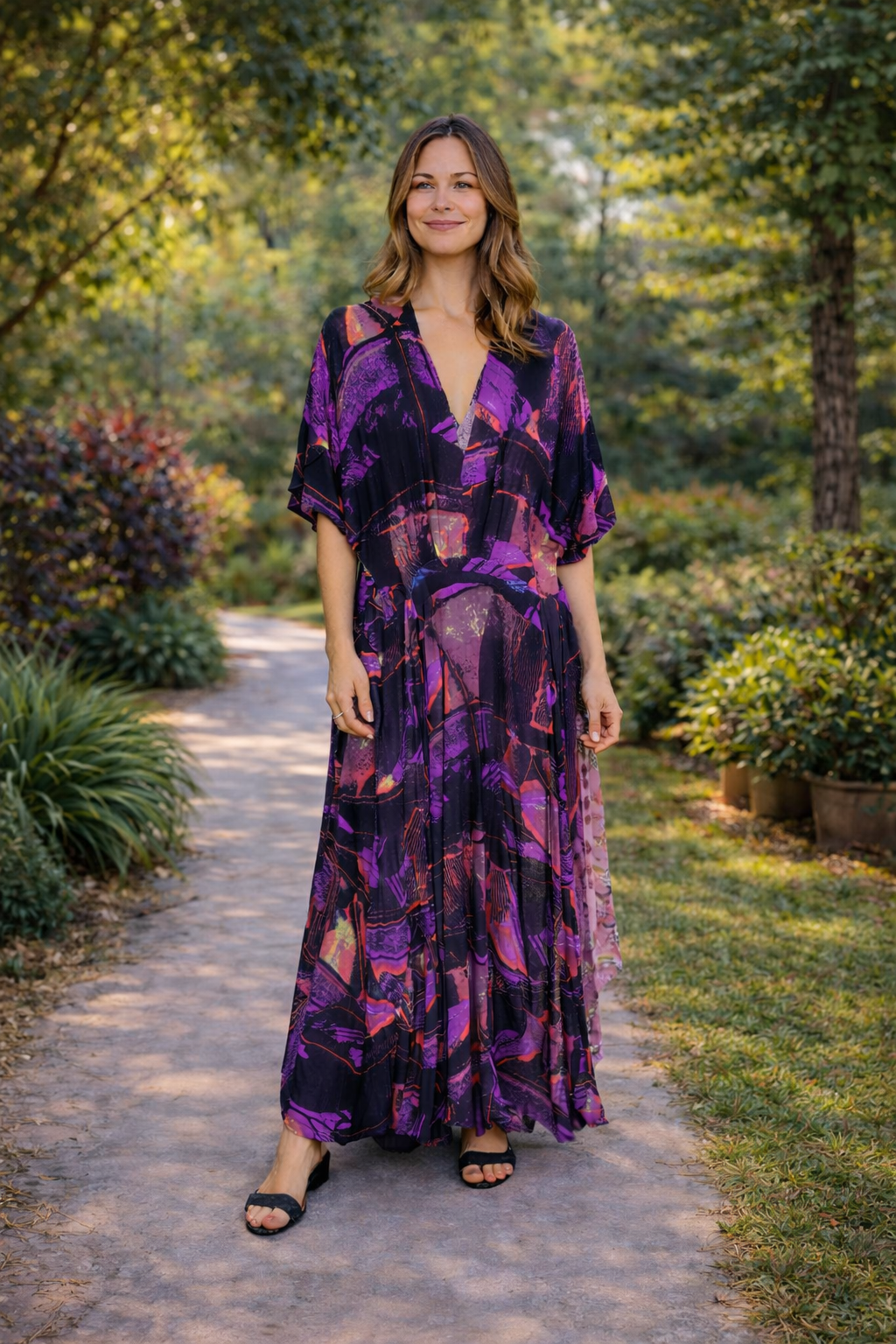 Vestido Longo Estampado Roxo Floral Elegante