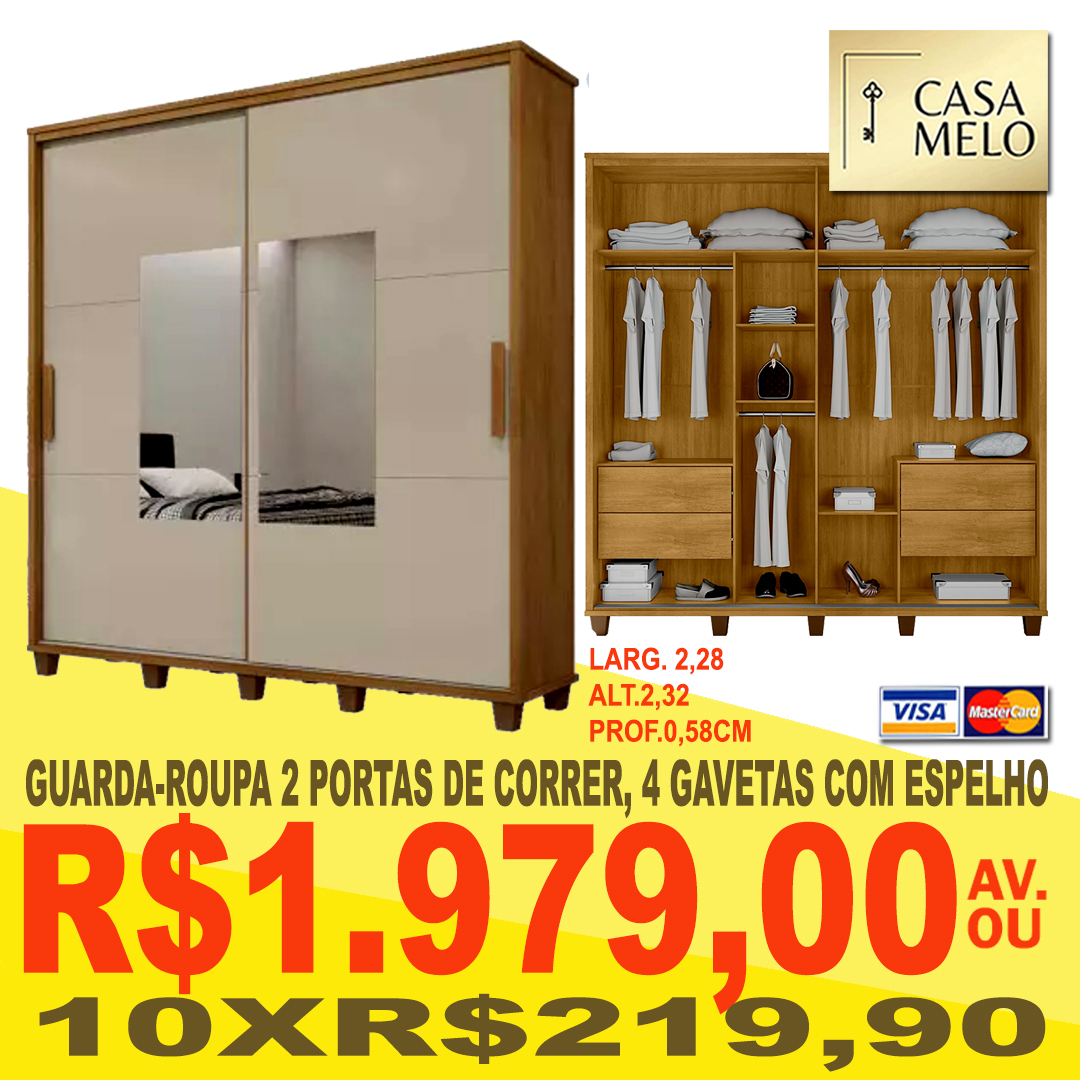 Guarda-Roupa com Espelho 2 portas de correr, 4 gavetas com espelho