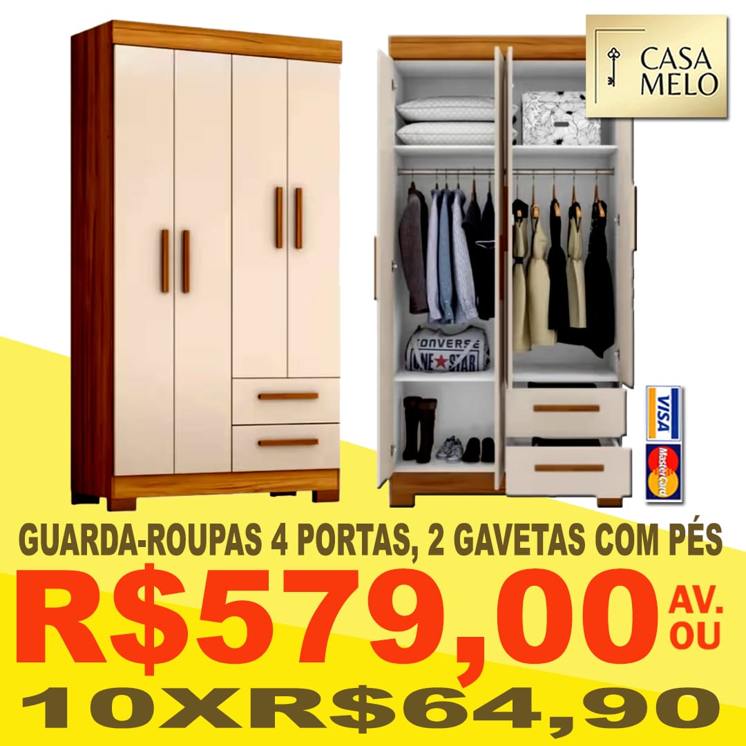 Guarda-Roupas 4 Portas,  2 gavetas