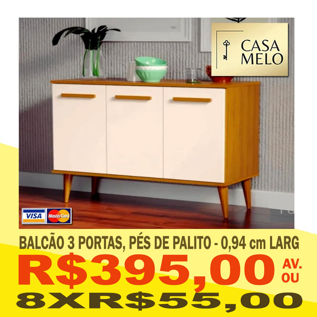 Balcão 3 Portas Pés de Palito, 0,94 cm Largura