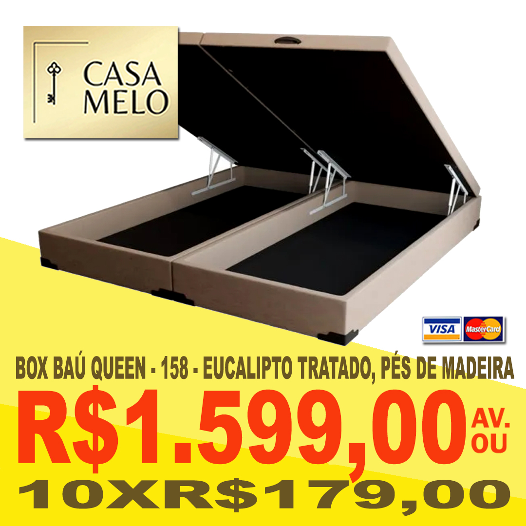Box Baú Queen 158cm, Eucalipto Tratado, Pés de Madeira