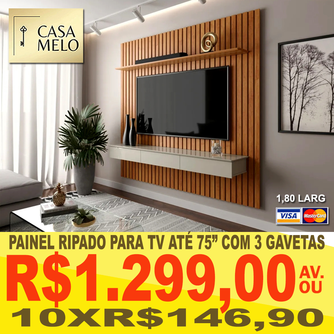 Painel Ripado para TV até 75" Com 3 gavetas espaçosas