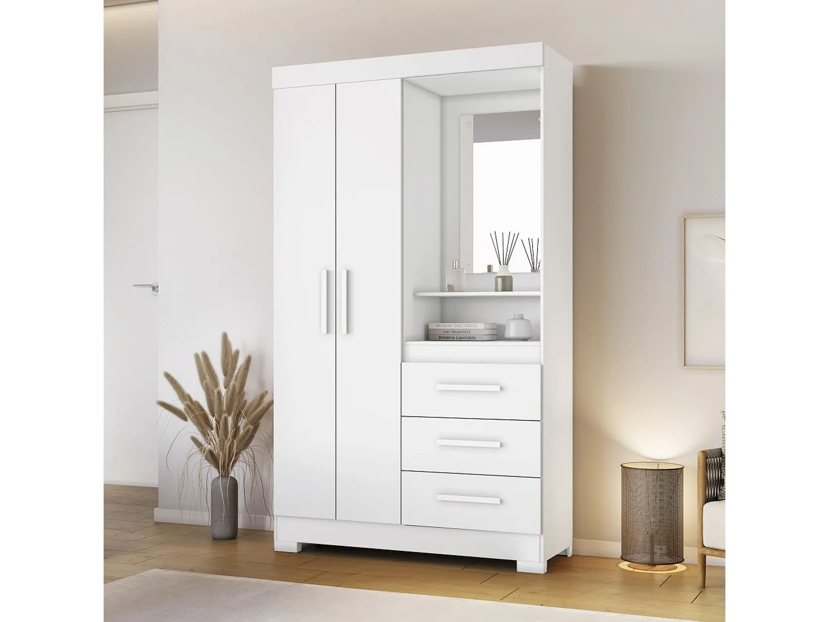 Guarda-roupa com espelho 2 portas 3 gavetas