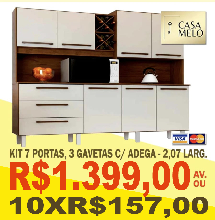 Kit de Cozinha 7 Portas 3 gavetas com adega - 2,07m