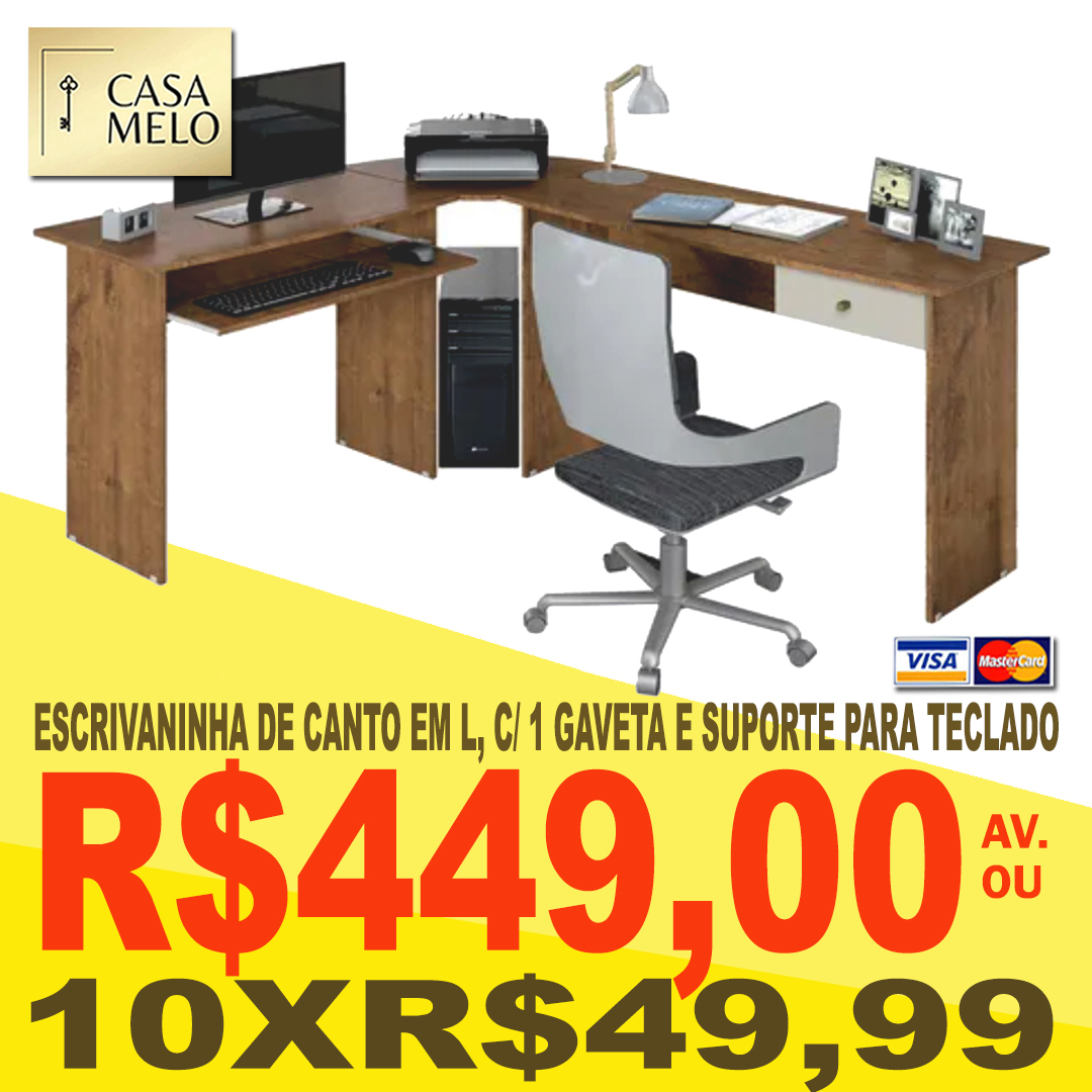 Escrivaninha de Canto em L Com 1 gaveta e suporte para teclado