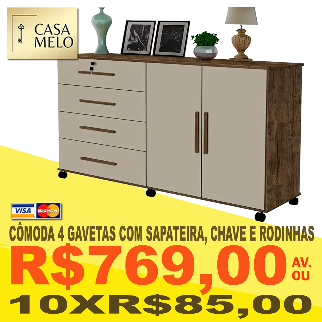 Cômoda 4 Gavetas com Sapateira, Com chave e rodinhas
