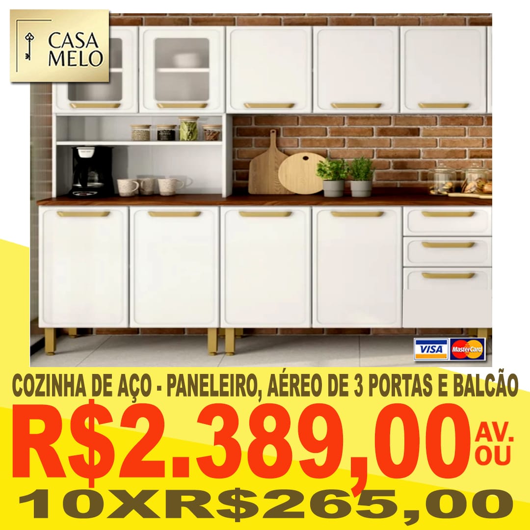 Cozinha de Aço Paneleiro, aéreo de 3 portas e balcão Casa Melo