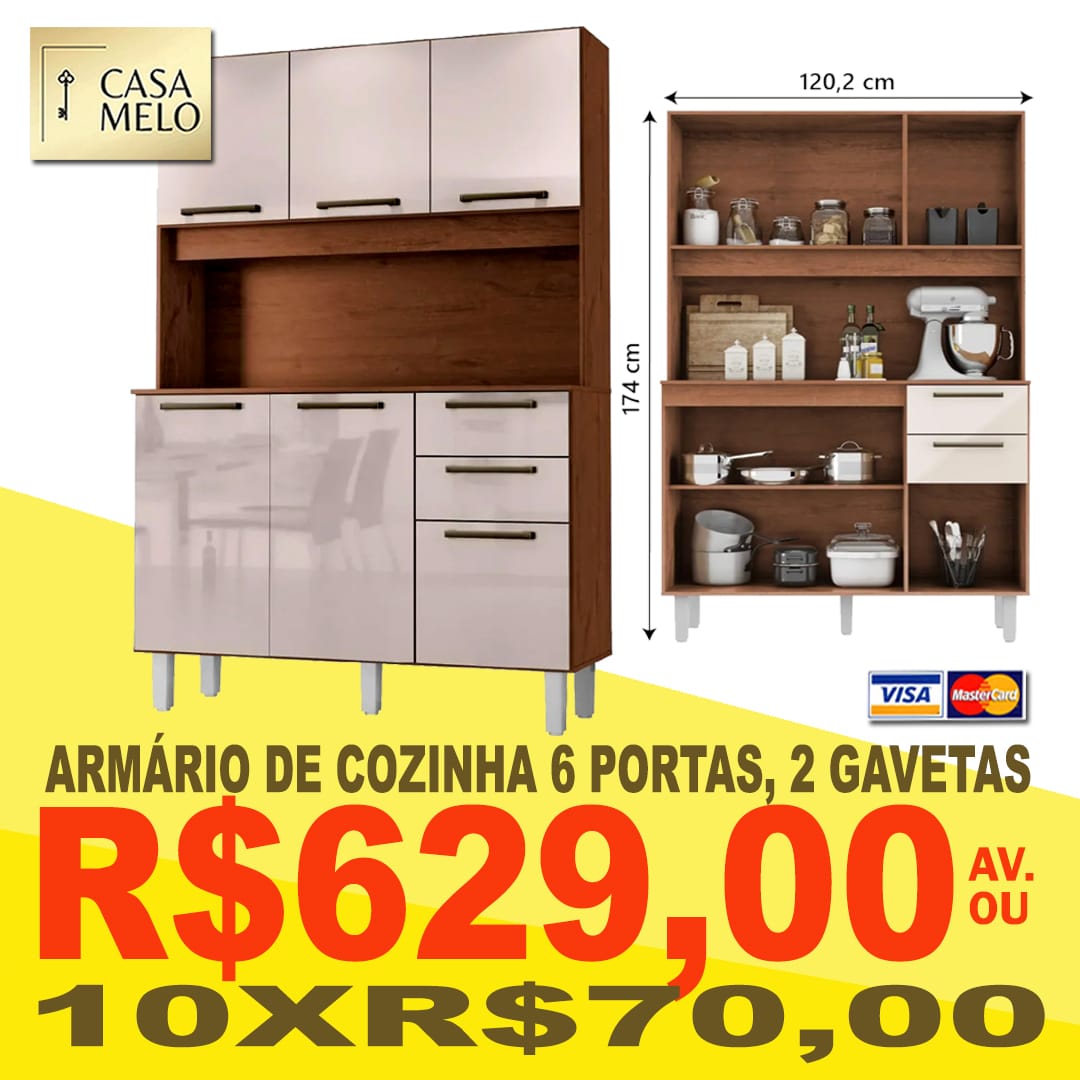 Armário de Cozinha 6 Portas, 2 gavetas 