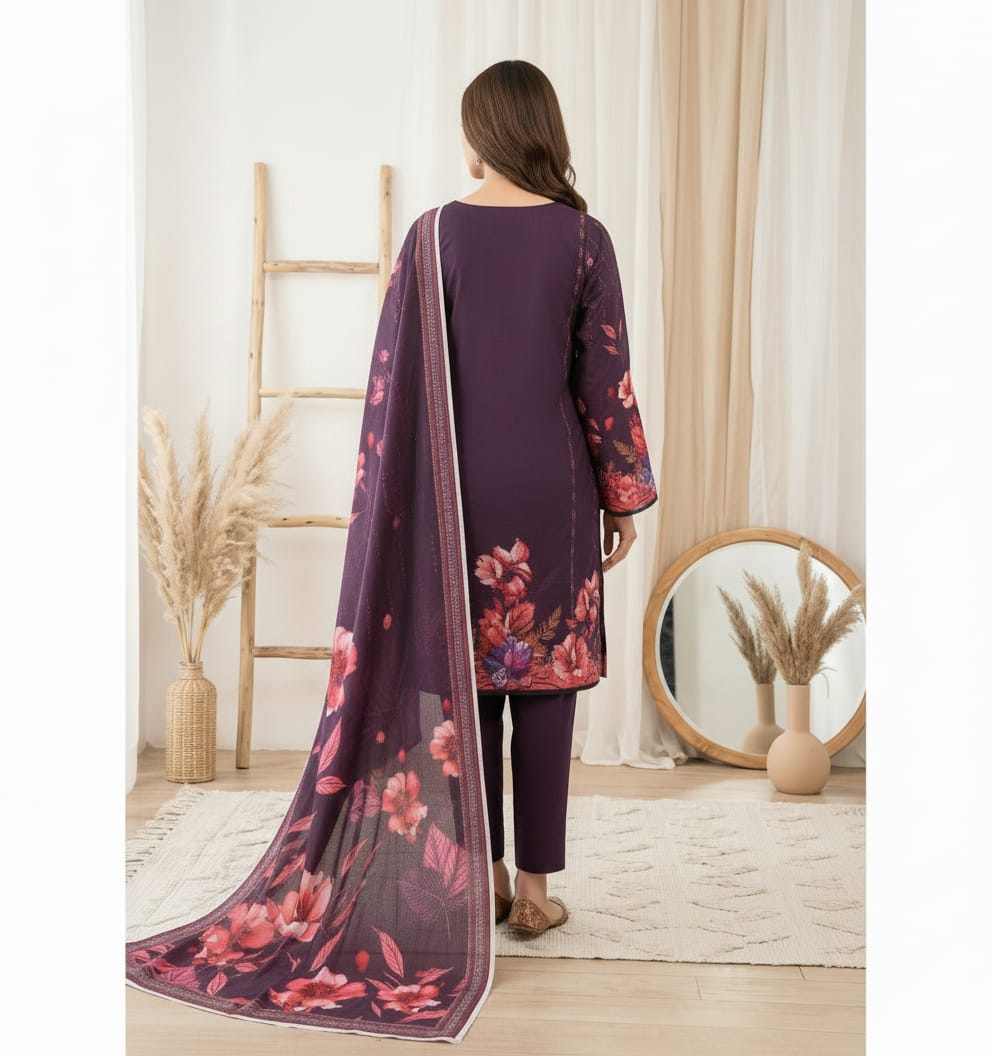 Sapphire womane summer Digitel Printed neck embroiderd 3-Piece Unstitched suite