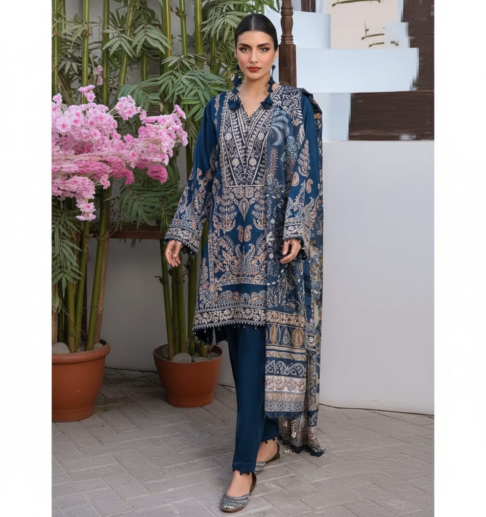 Navy Blue Embroidered Lawn Suit
