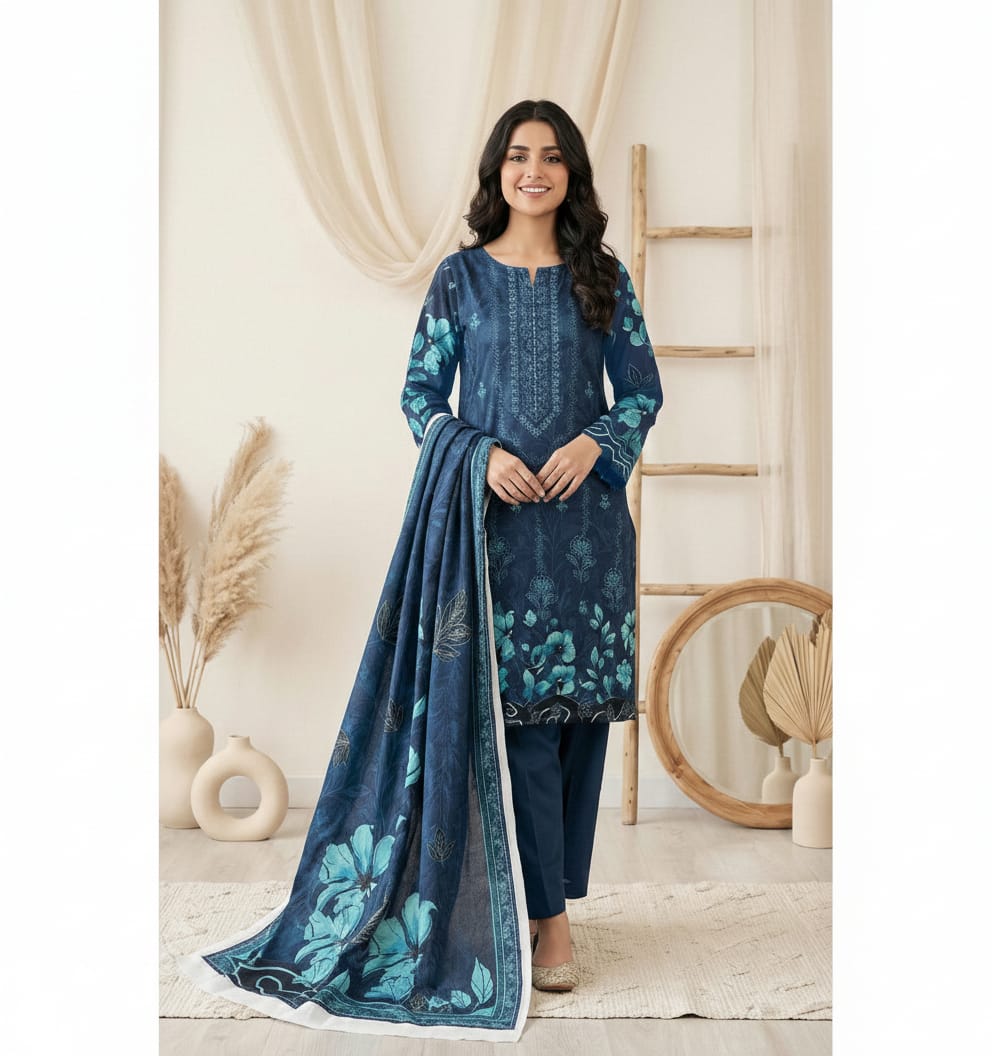 Blue Floral Printed 3-Piece Suit