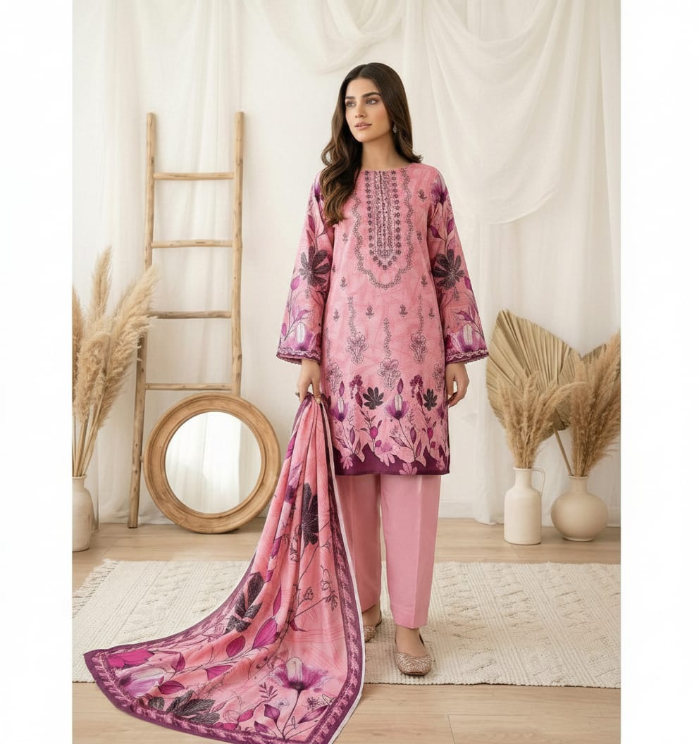 Pink Floral 3-Piece Lawn Suit