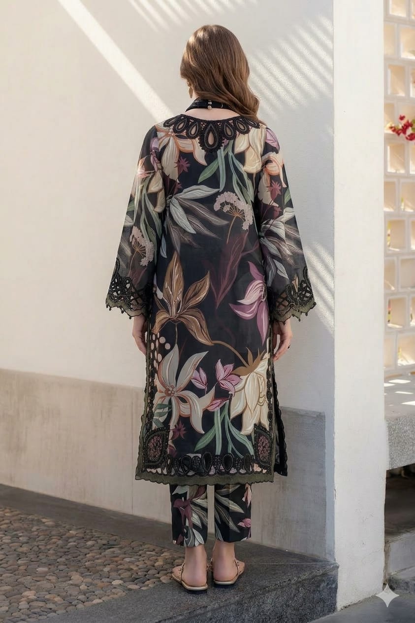 3-Piece Printed & Embroidered Lawn – Exquisite Floral Design with Intricate Neck | Luxury Printed Lawn – Embroidered Elegance with 4-Sided Laced Chiffon Dupatta