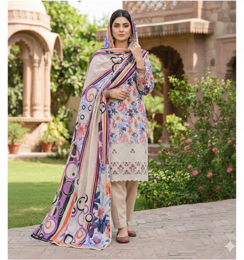Alkaram Digitel Printed Lawn Daman Embroiderd 3-Piece With Voil Duppata 