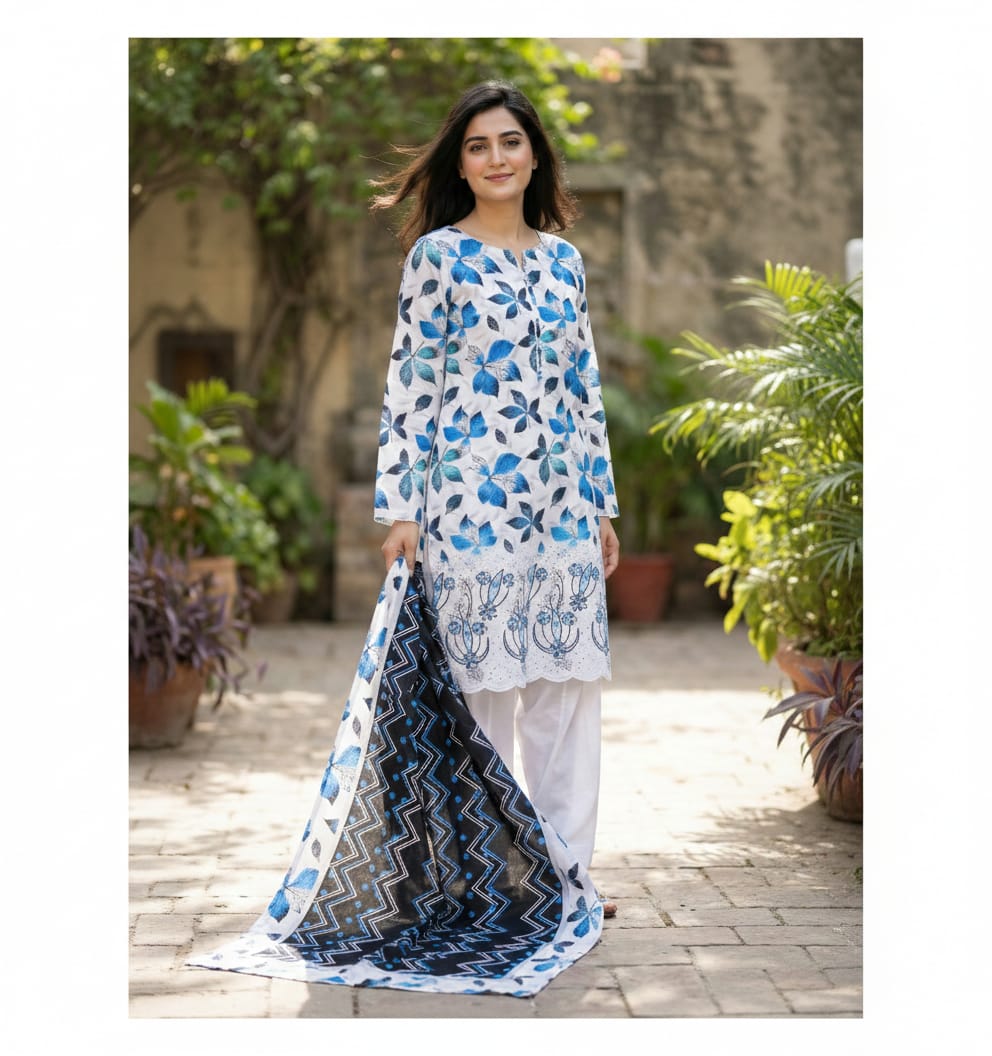 Alkaram Digital Print Daman Embroidered Lawn Shirt Digital Print Voile Dupatta Dyed Cotton Trouser