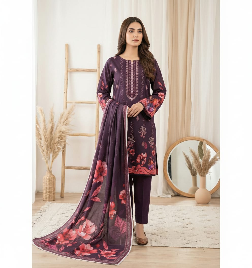 Sapphire womane summer Digitel Printed neck embroiderd 3-Piece Unstitched suite