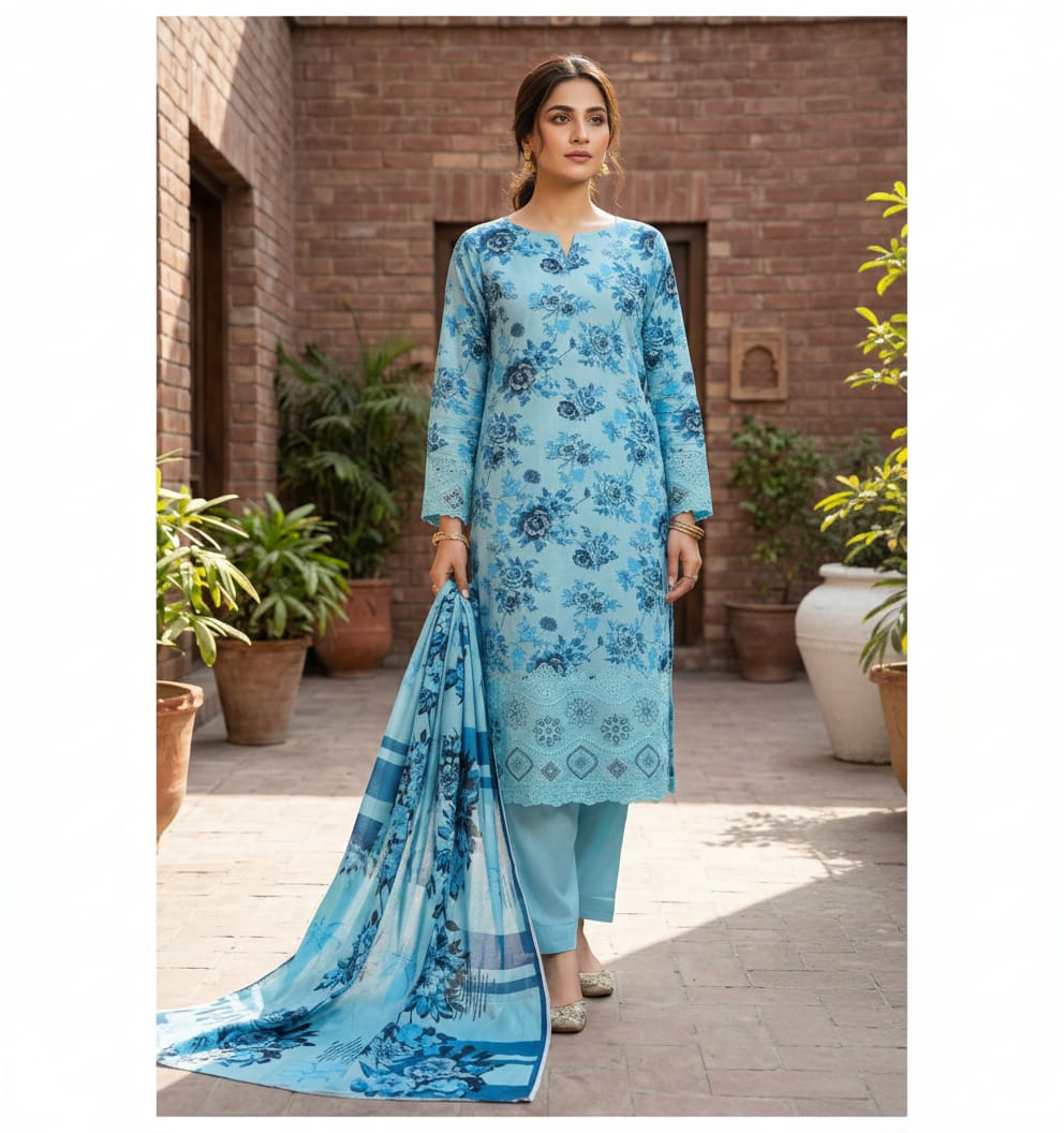 Blue Floral Printed Lawn Suit