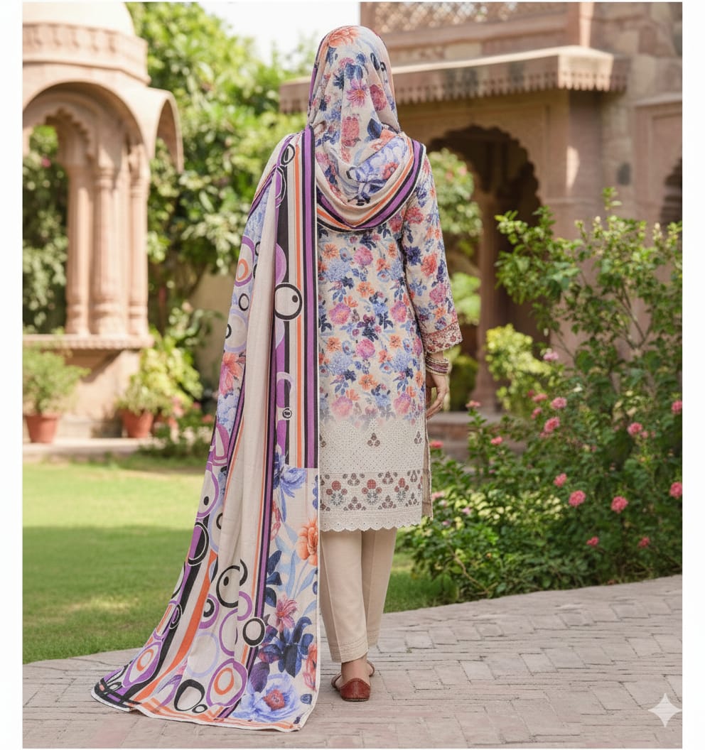 Alkaram Digitel Printed Lawn Daman Embroiderd 3-Piece With Voil Duppata 